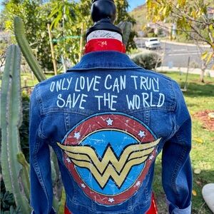 Jessica Simpson Blue Jean Jacket with Red and Yellow Design